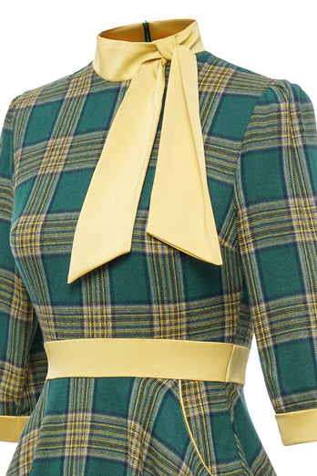 Grøn Plaid Vintage 1950'erne Kjole med Bowknot