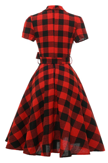Rød Plaid korte ærmer vintage kjole
