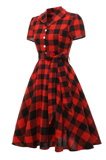 Rød Plaid korte ærmer vintage kjole