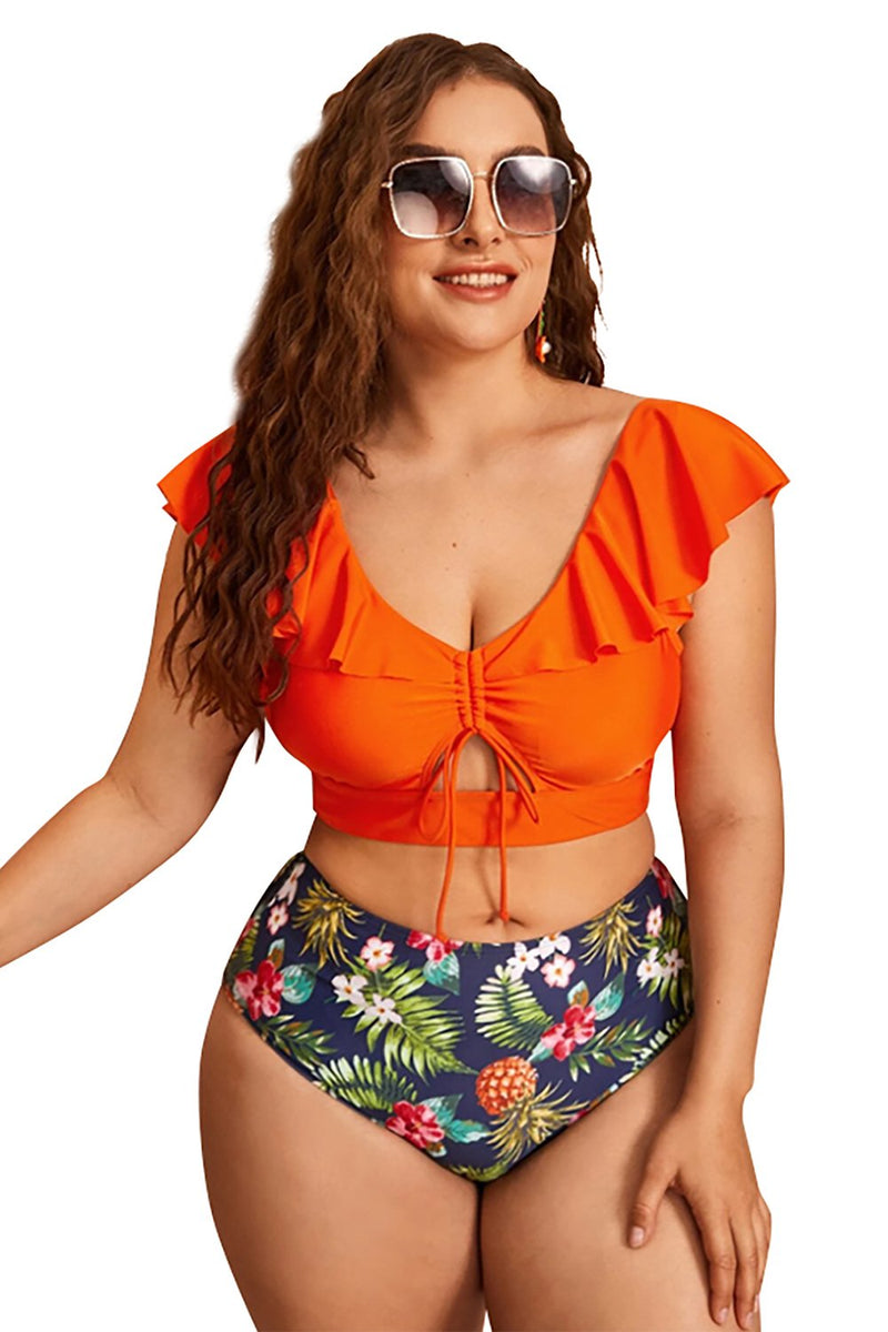 Zapaka Kvinder Plus Size Bikini Orange Floral stykke badetøj med Flounce