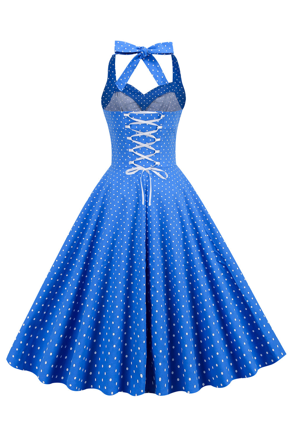 Halter Neck Blå Polka Dots Vintage Kjole med Rygløs