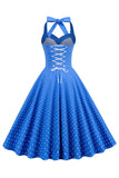 Halter Neck Blå Polka Dots Vintage Kjole med Rygløs