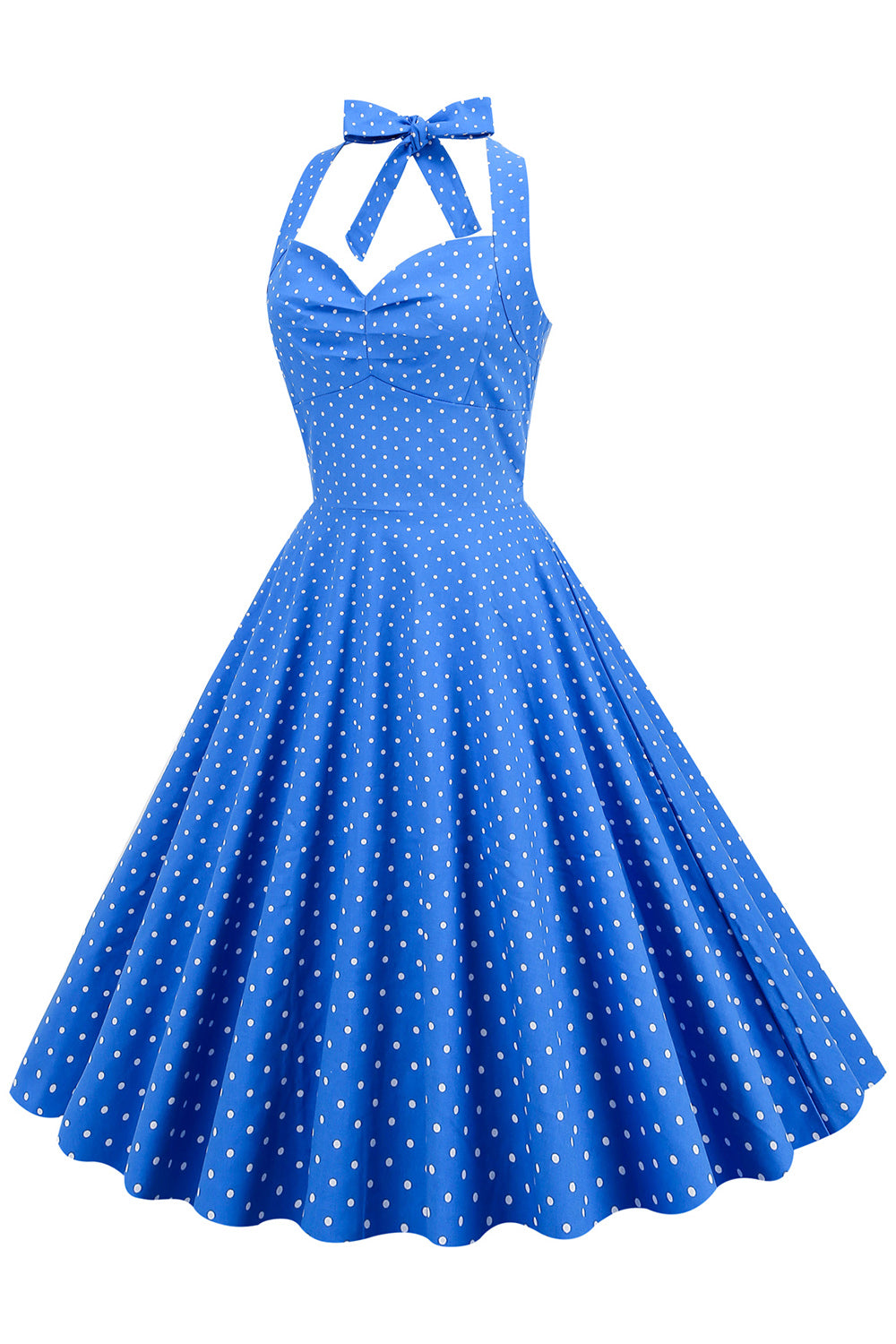 Halter Neck Blå Polka Dots Vintage Kjole med Rygløs