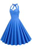 Halter Neck Blå Polka Dots Vintage Kjole med Rygløs