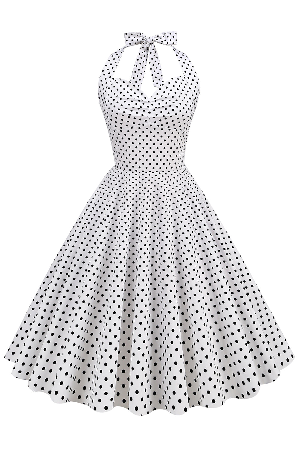 Halter Neck Blå Polka Dots Vintage Kjole med Rygløs