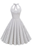 Halter Neck Blå Polka Dots Vintage Kjole med Rygløs