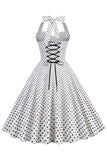 Halter Neck Blå Polka Dots Vintage Kjole med Rygløs