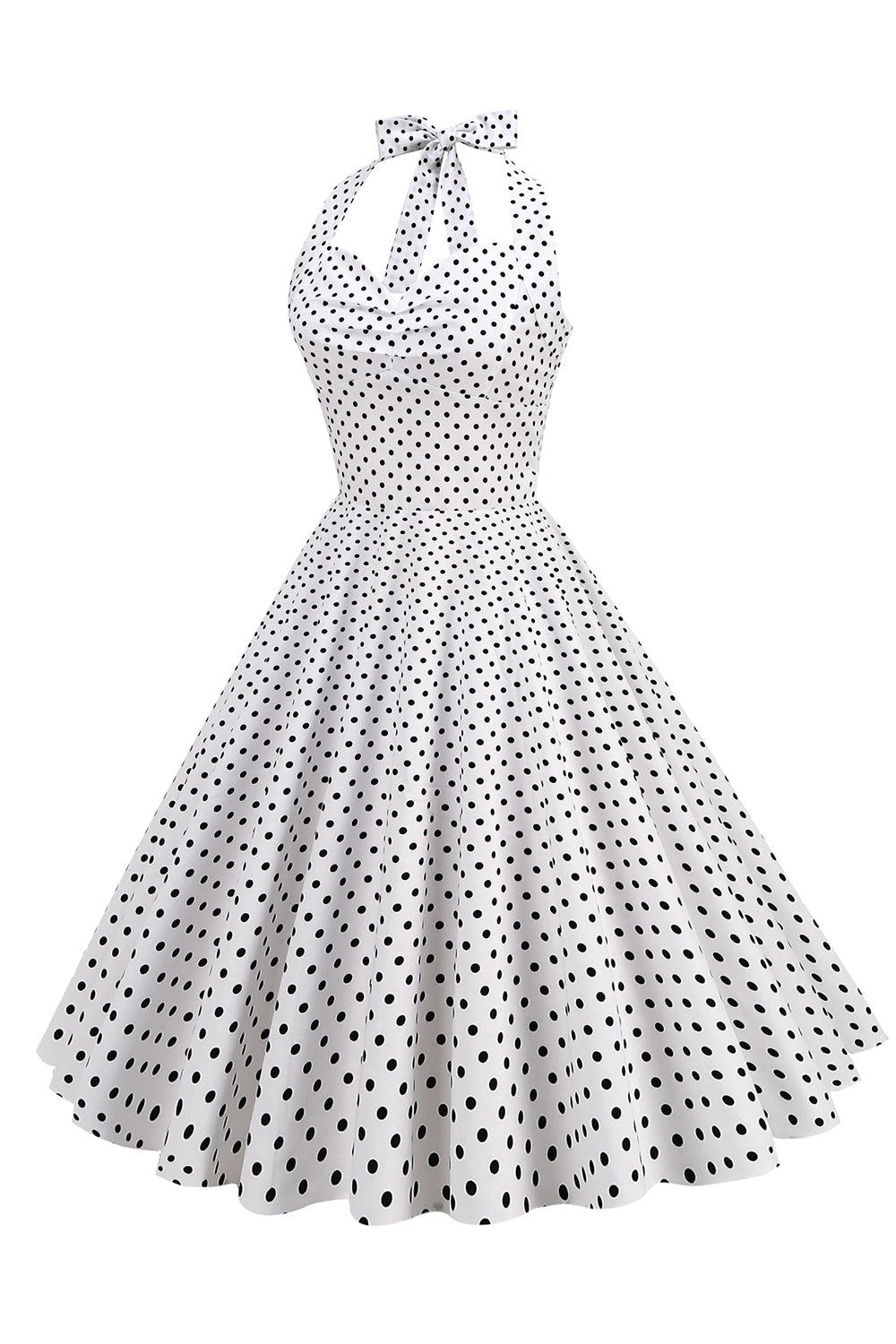 Halter Neck Blå Polka Dots Vintage Kjole med Rygløs