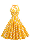 Halter Neck Blå Polka Dots Vintage Kjole med Rygløs