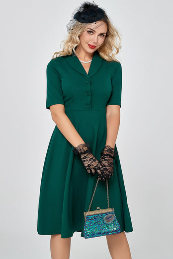 Mørkegrønne korte ærmer Vintage 1950'erne Kjole med buttom