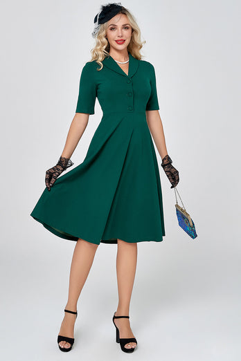 Mørkegrønne korte ærmer Vintage 1950'erne Kjole med buttom