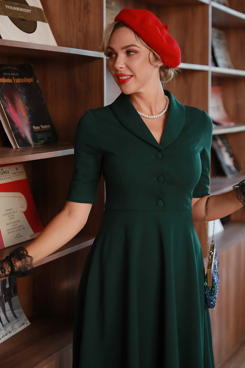 Kvinder Mørkegrøn 1950'erne Kjole Vintage Button Party Kjole med ærmer – ZAPAKA DA