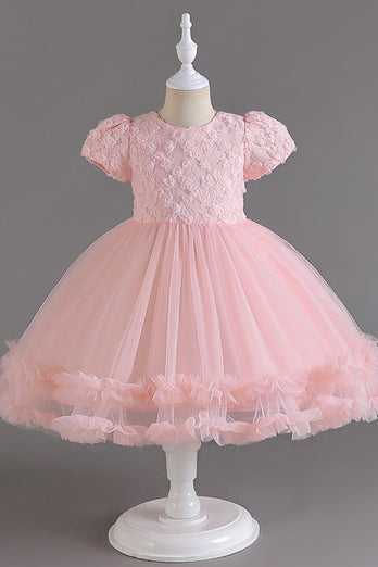 Pink tyl rund hals pufærmer blomst pige kjole