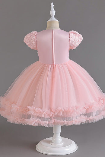 Pink tyl rund hals pufærmer blomst pige kjole