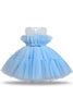 Indlæs billede til gallerivisning Blå A-line tyl blomst pige kjole med sløjfe