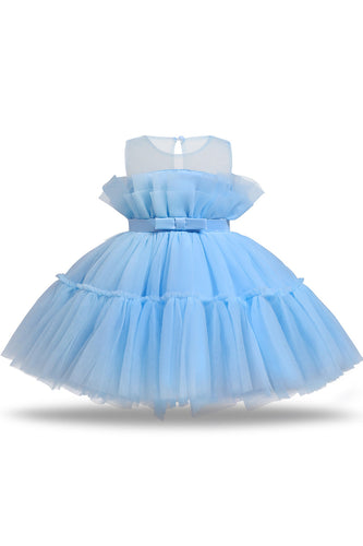 Blå A-line tyl blomst pige kjole med sløjfe