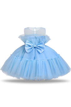 Blå A-line tyl blomst pige kjole med sløjfe