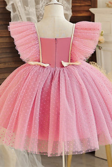 Pink firkantet hals tyl blomst pige kjole