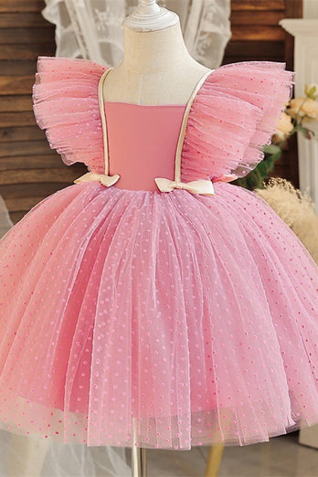Pink firkantet hals tyl blomst pige kjole