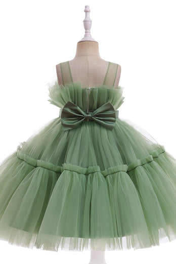 Grøn rund hals tyl blomst pige kjole med bowknot