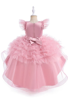 Pink High Low Tulle Flower Girl Kjole med perler