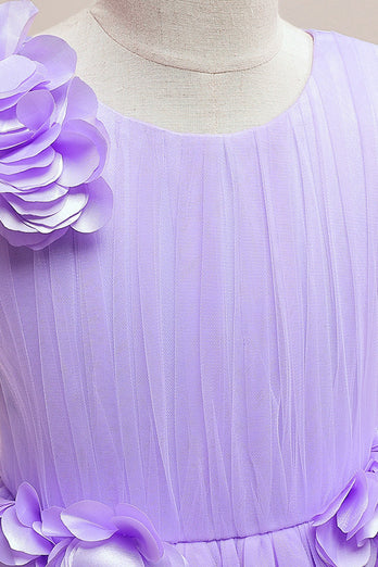 Lilla ærmeløs lang tyl blomst pigekjole med 3D blomst