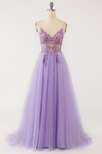 Lilla beaded Tulle Lang Prom Dress