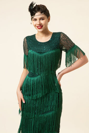 Rund hals mørkegrøn perle Gatsby 1920'er kjole med frynser