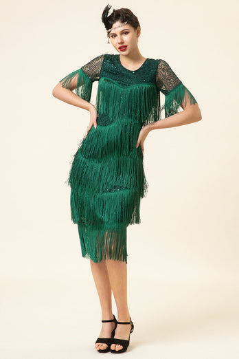 Rund hals mørkegrøn perle Gatsby 1920'er kjole med frynser
