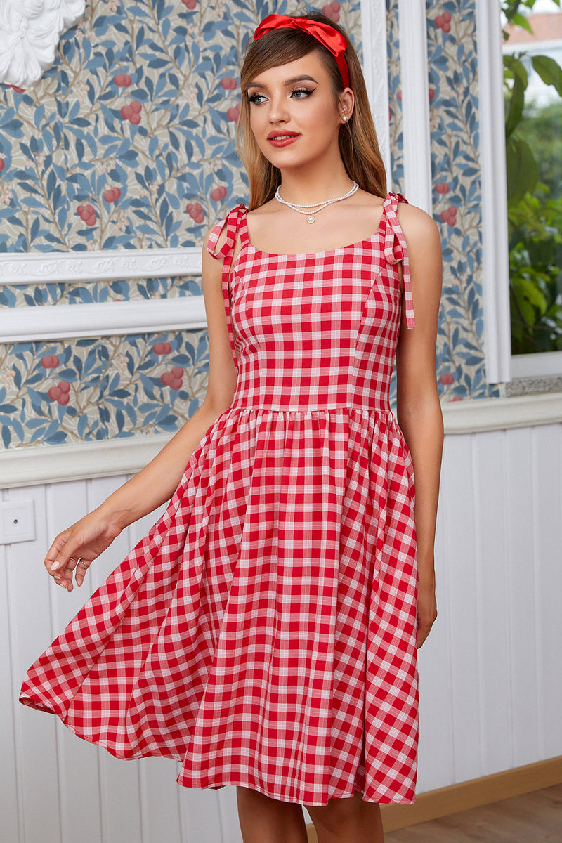 Indlæs billede til gallerivisning Rød plaid vintage kjole med buer