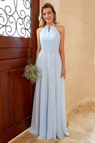 Himmelblå lang chiffon brudepige kjole med slids