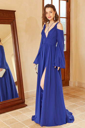 En linje fra skulderen Royal Blue Prom Kjole med Split Front
