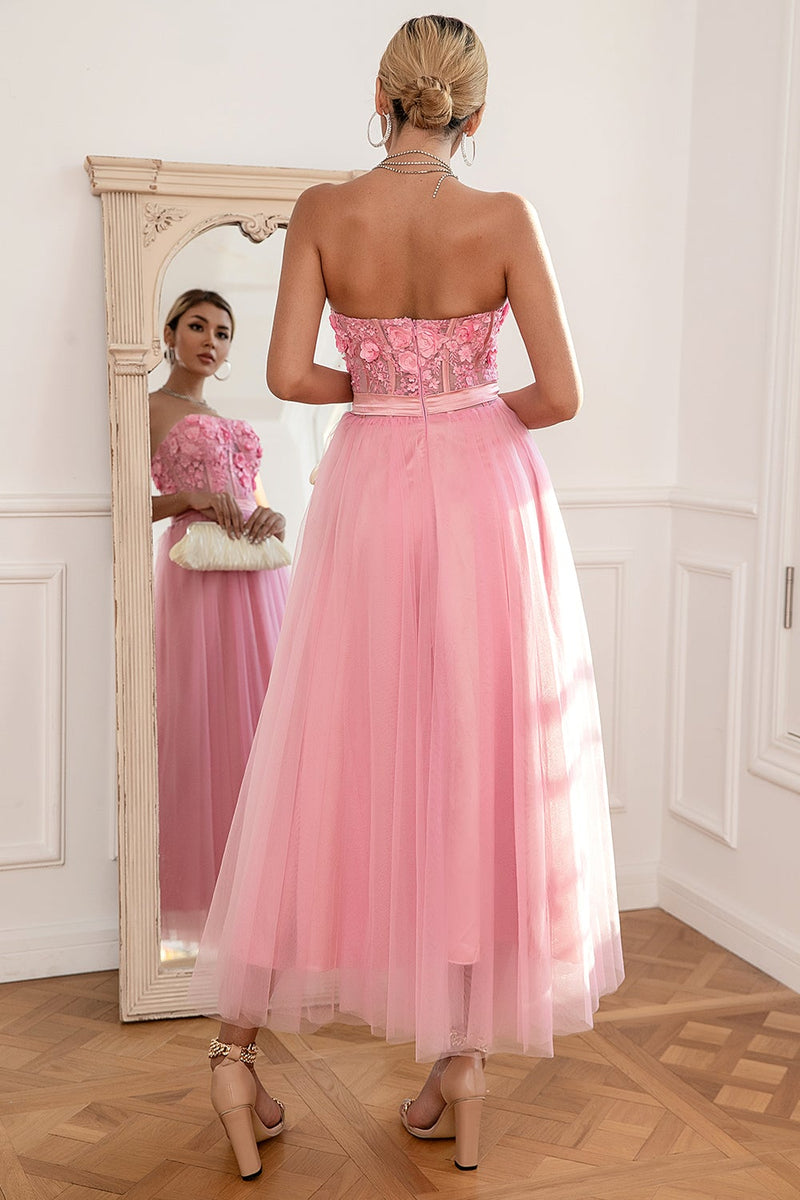 Indlæs billede til gallerivisning Smukke en linje stropløs pink prom kjole med applikationer