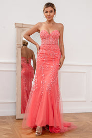 Coral Applique Tulle Prom Kjole