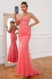 Coral Applique Tulle Prom Kjole