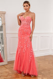 Coral Applique Tulle Prom Kjole