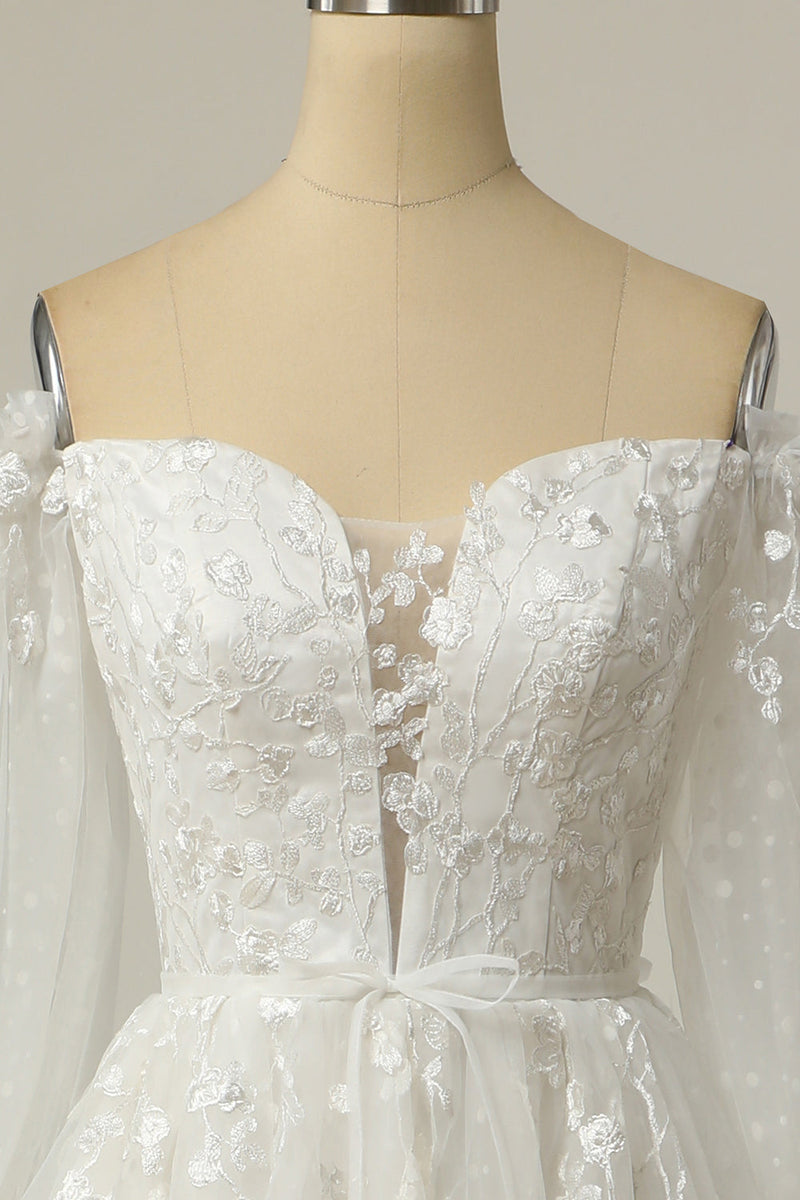 Indlæs billede til gallerivisning Luksuriøse en linje fra skulderen hvid brudekjole med applikationer