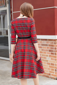 Plaid rød vintage kjole med ærmer