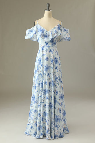 En linje fra skulderen Blå Floral Print Long Bridesmaid Dress