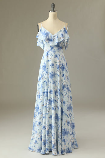 En linje fra skulderen Blå Floral Print Long Bridesmaid Dress