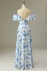 Indlæs billede til gallerivisning En linje fra skulderen Blå Floral Print Long Bridesmaid Dress