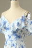 Indlæs billede til gallerivisning En linje fra skulderen Blå Floral Print Long Bridesmaid Dress