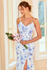 Indlæs billede til gallerivisning Kappe Spaghetti stropper Blå Floral Print Lang Brudepige Kjole med Split Front