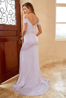 Kappe off skulderen lilla lang brudepige kjole med Split Front