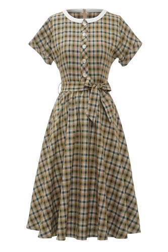 Khaki Green Grid Korte Ærmer 1950'erne Vintage Kjole
