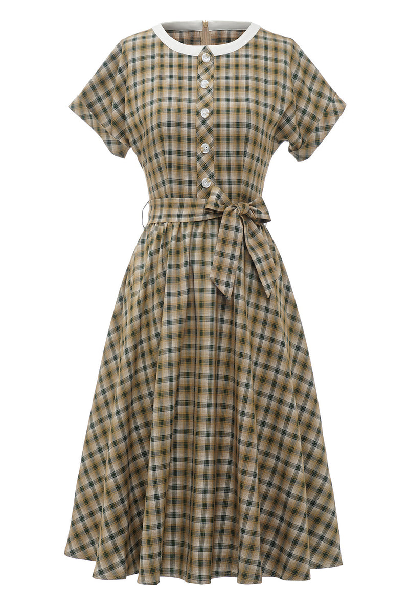 Indlæs billede til gallerivisning Khaki Green Grid Korte Ærmer 1950&#39;erne Vintage Kjole