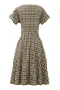 Indlæs billede til gallerivisning Khaki Green Grid Korte Ærmer 1950&#39;erne Vintage Kjole