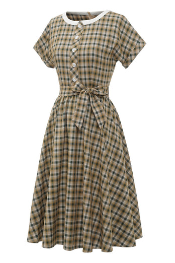 Khaki Green Grid Korte Ærmer 1950'erne Vintage Kjole