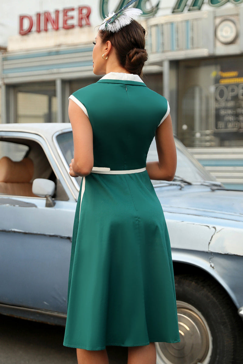 Indlæs billede til gallerivisning Grøn revers hals 1950&#39;erne swing kjole med bælte
