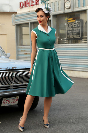 Grøn revers hals 1950'erne swing kjole med bælte